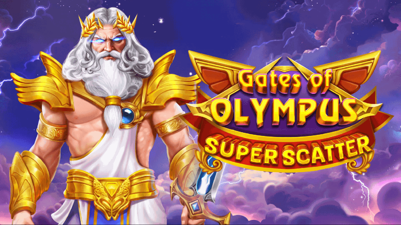Zeus thront golden gepanzert &uuml;ber den Wolken des Olymp, daneben das 6x5-Walzenfeld von Gates of Olympus Super Scatter mit gr&uuml;nem Erdglobus, violettem Kristall, goldenen M&uuml;nzen 5X und 50X sowie dem Super-Scatter-Symbol